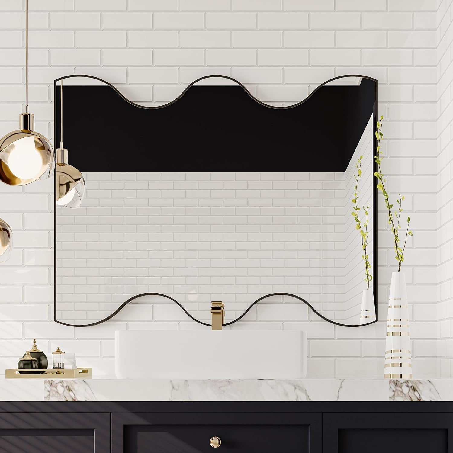 30X35 Inch Irregular Black Metal Framed Wavy Mirror