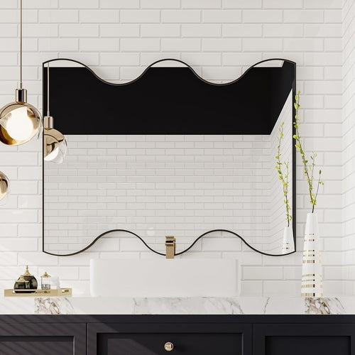 30X35 Inch Irregular Black Metal Framed Wavy Mirror