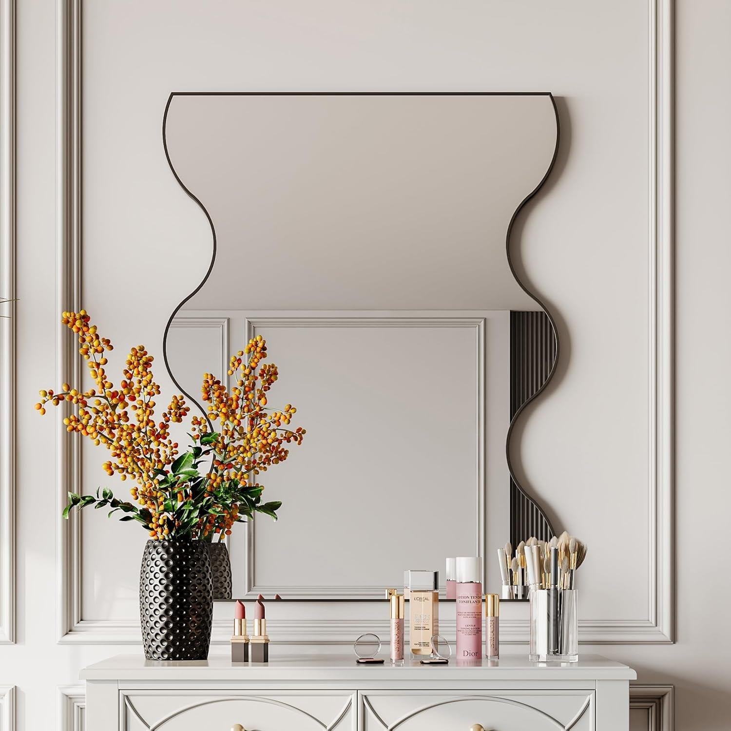 30X35 Inch Irregular Black Metal Framed Wavy Mirror