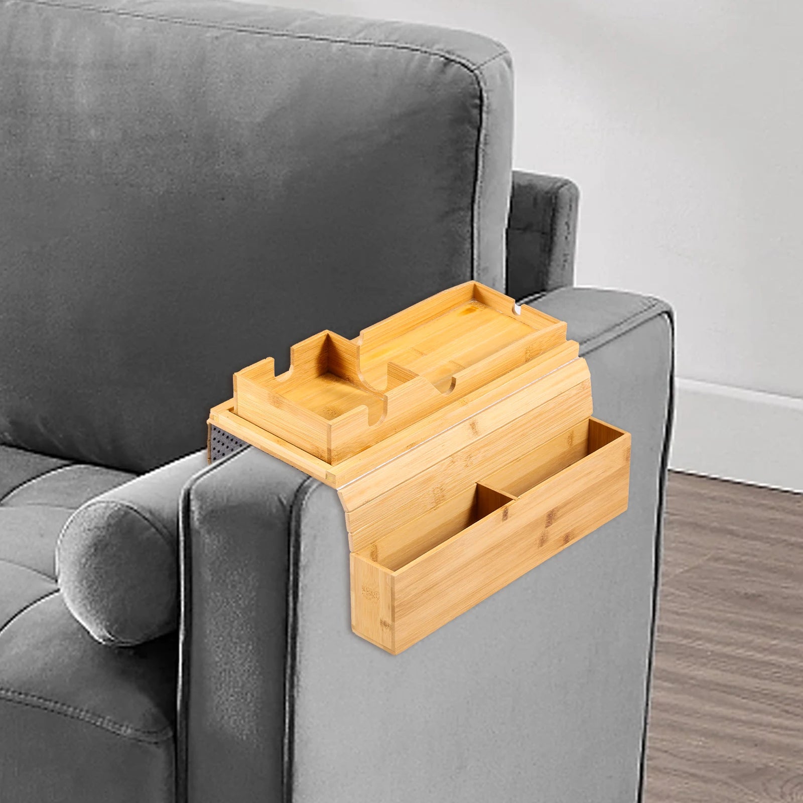 Bamboo Couch Cup Holder Anti-Slip Sofa Armrest Tray Foldable