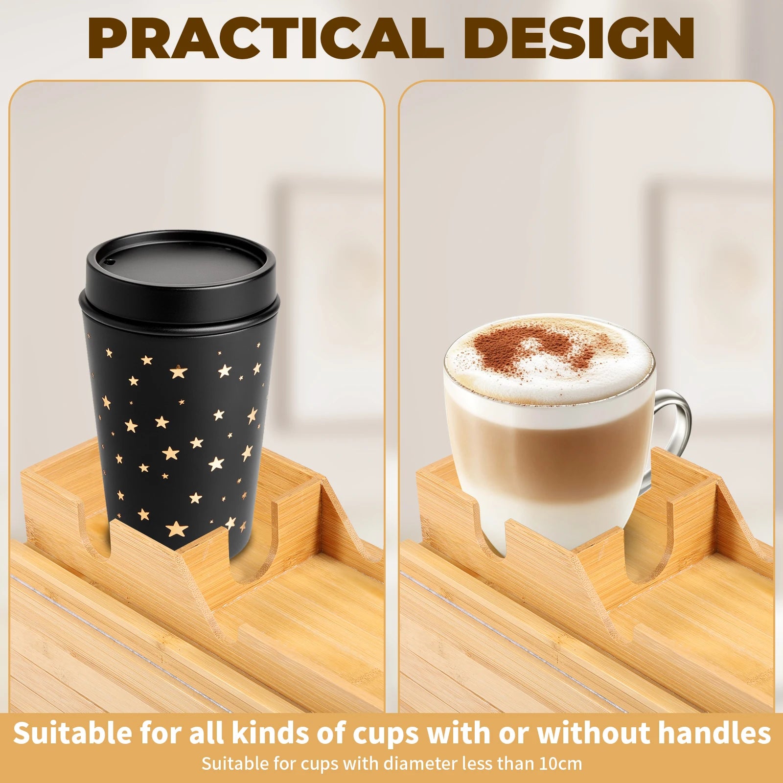 Bamboo Couch Cup Holder Anti-Slip Sofa Armrest Tray Foldable