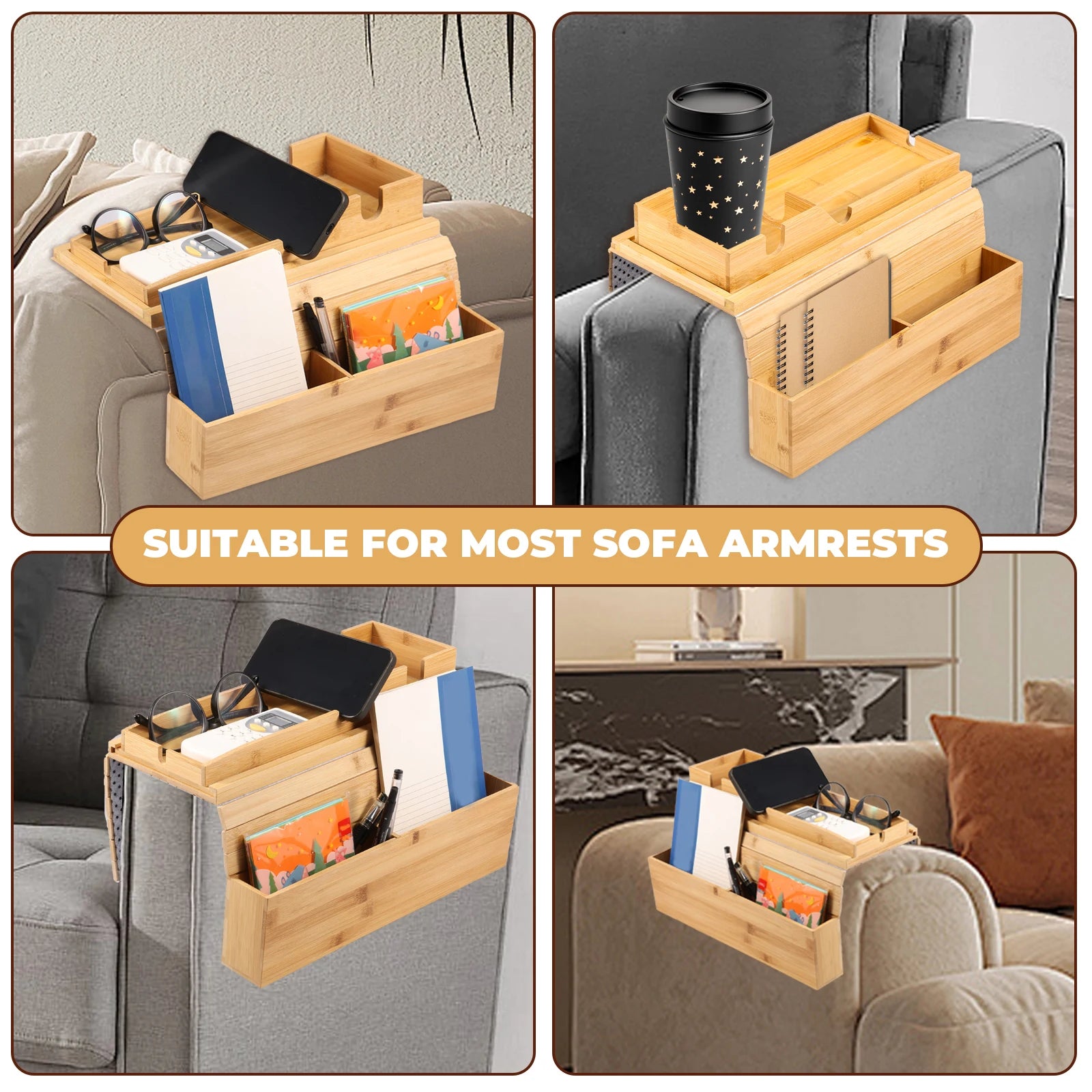 Bamboo Couch Cup Holder Anti-Slip Sofa Armrest Tray Foldable