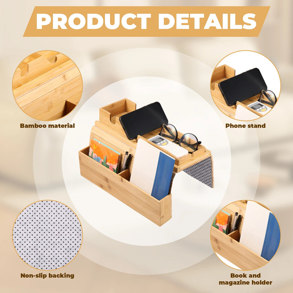 Bamboo Couch Cup Holder Anti-Slip Sofa Armrest Tray Foldable