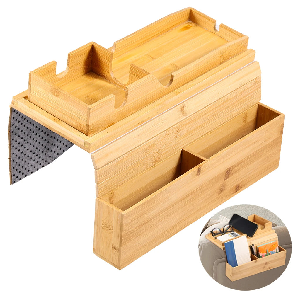 Bamboo Couch Cup Holder Anti-Slip Sofa Armrest Tray Foldable