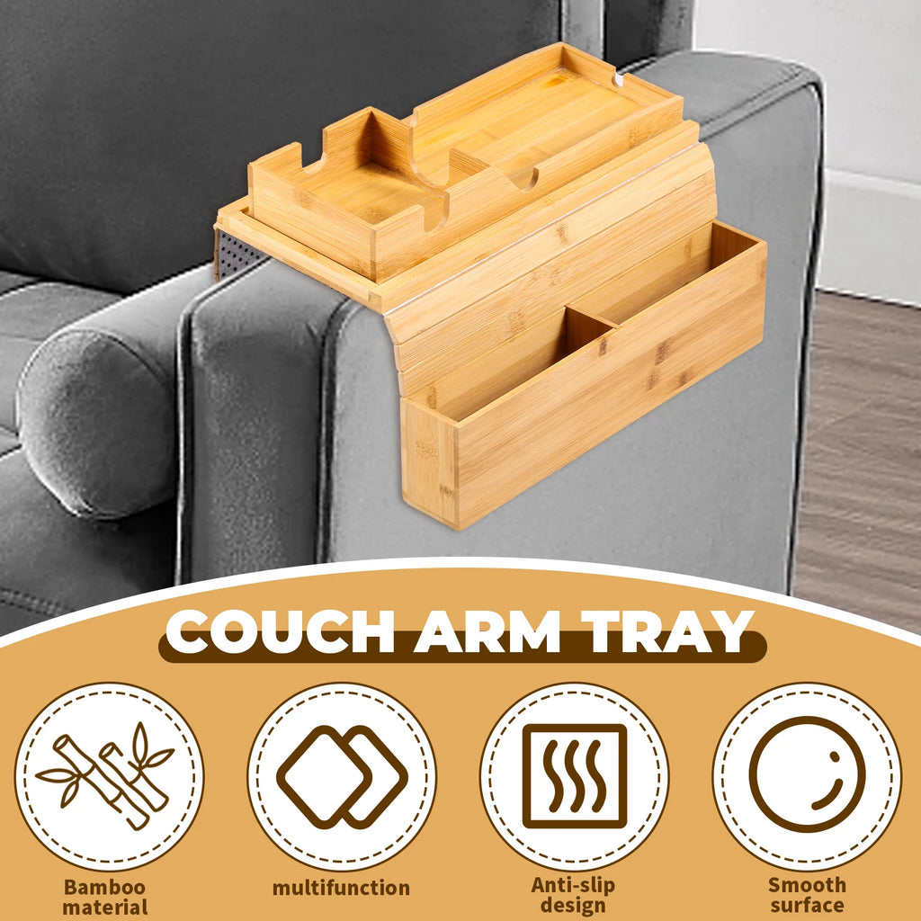Bamboo Couch Cup Holder Anti-Slip Sofa Armrest Tray Foldable